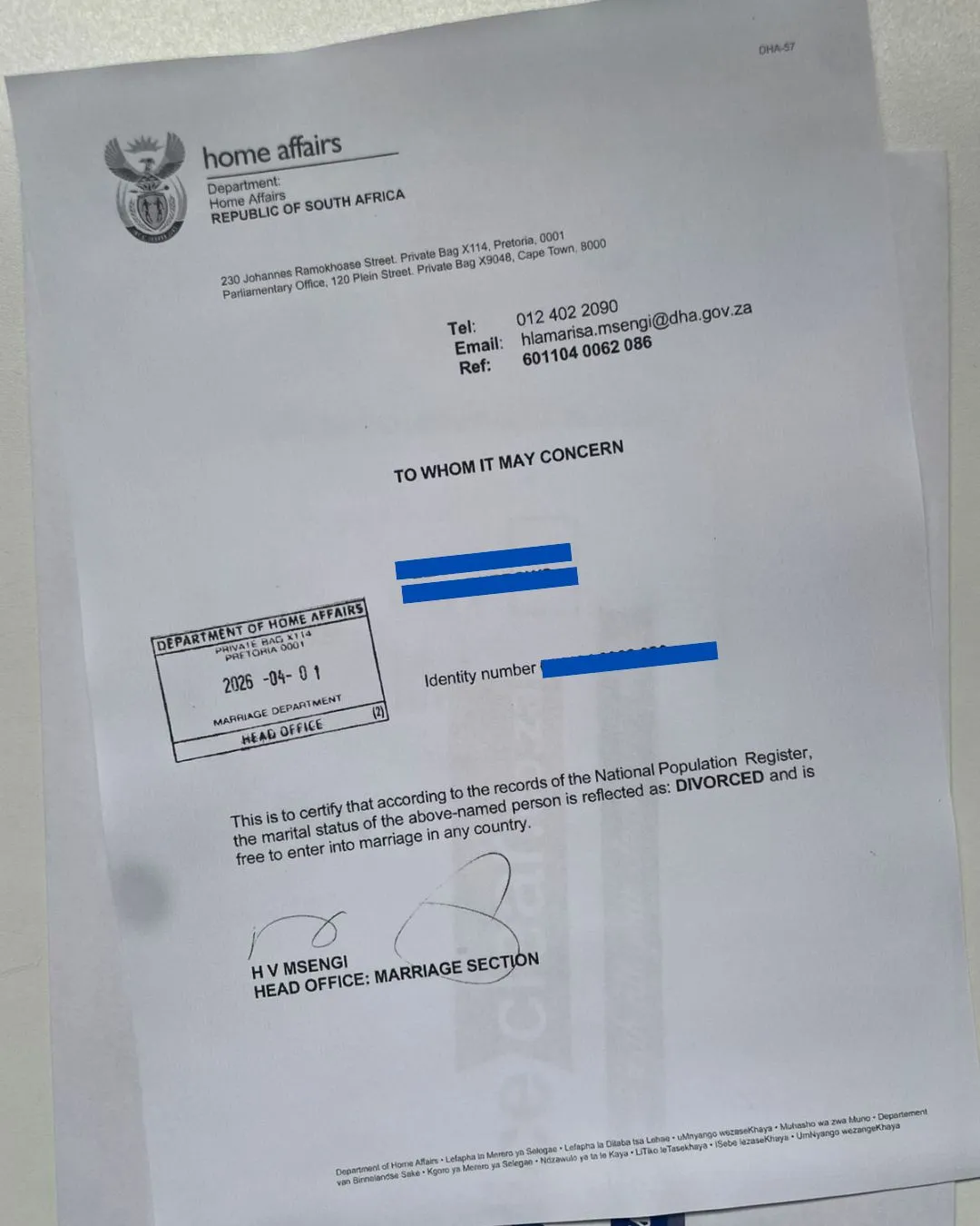 Letter of Non-Impediment South Africa