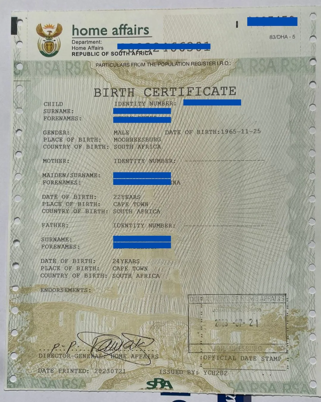 South African Unabridged Birth Certificate