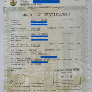 South African Unabridged Marriage Certificate
