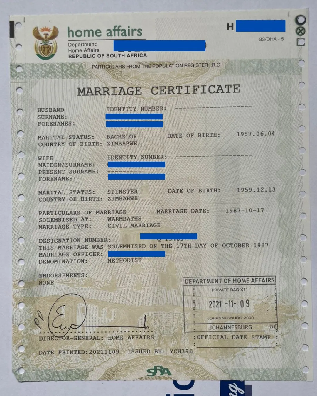 South African Unabridged Marriage Certificate