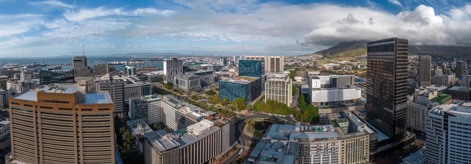 Aerial view of the Cape Town city centre with Table Mountain behind it