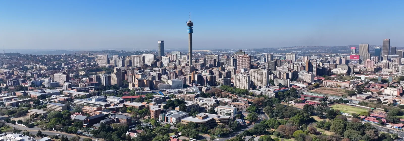 The Johannesburg skyline in Gauteng with the Hillbrow Tower in the centre